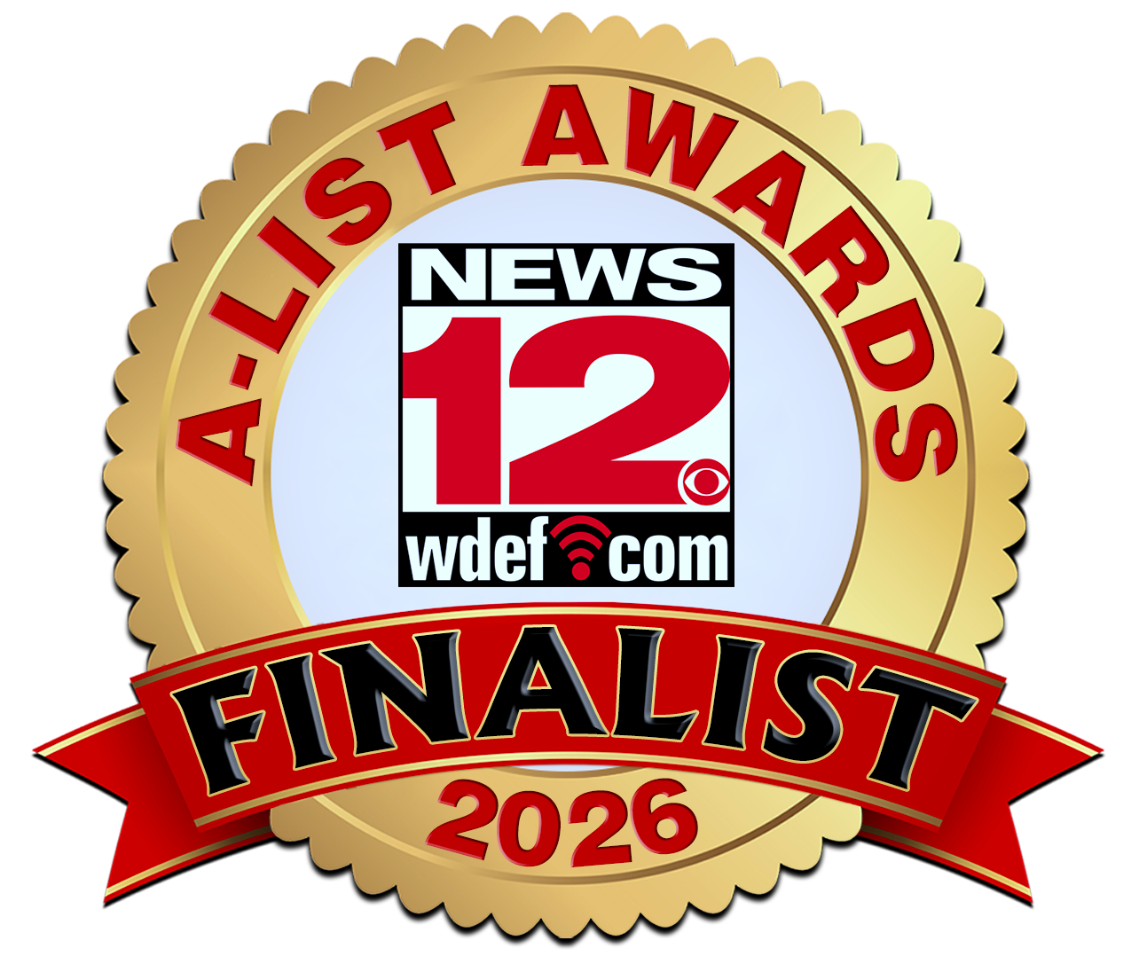 a gold round badge with red text and a red ribbon